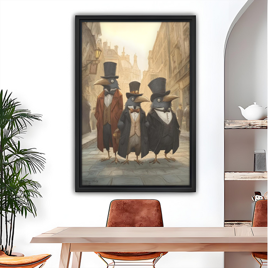 Victorian crow gentlemen canvas wall art in black float frame above wooden dining table with leather chairs and arched mirror