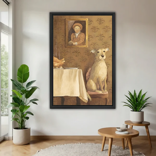 Victorian gentleman dog dining canvas wall art in black floating frame displayed in bright living room with plants
