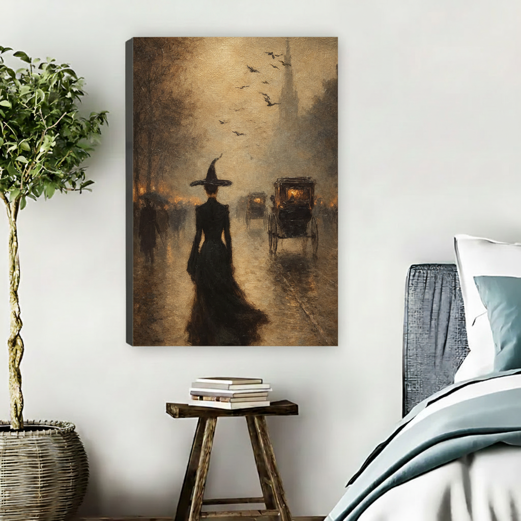 Frameless canvas of a Victorian witch in black gown walking a foggy gaslit street with bats and horse carriage above rustic wood stool beside teal-accented bed