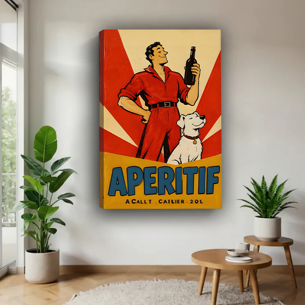Vintage aperitif dog poster canvas wall art above a bedroom, showing bold sunburst rays and a white dog
