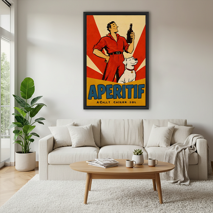 Framed vintage aperitif dog poster canvas wall art in a bright room, showing a white dog beside a bottle
