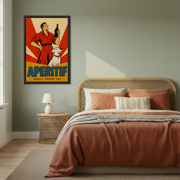 Woman holding vintage aperitif dog poster canvas wall art with a red-suited figure, bottle, and white dog