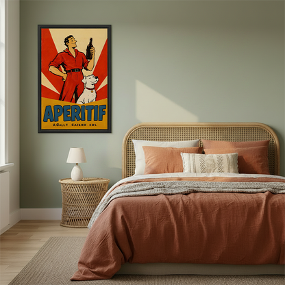 Woman holding vintage aperitif dog poster canvas wall art with a red-suited figure, bottle, and white dog