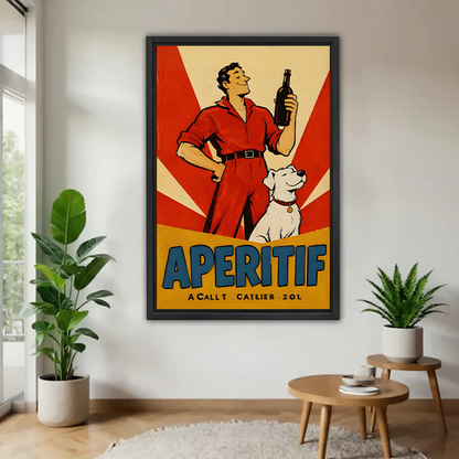 Vintage aperitif dog poster canvas wall art above a plant stand, featuring a red-suited figure, bottle, and white dog