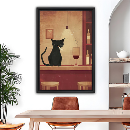 Vintage black cat bar canvas wall art in a black frame above a dining table, featuring red wine.