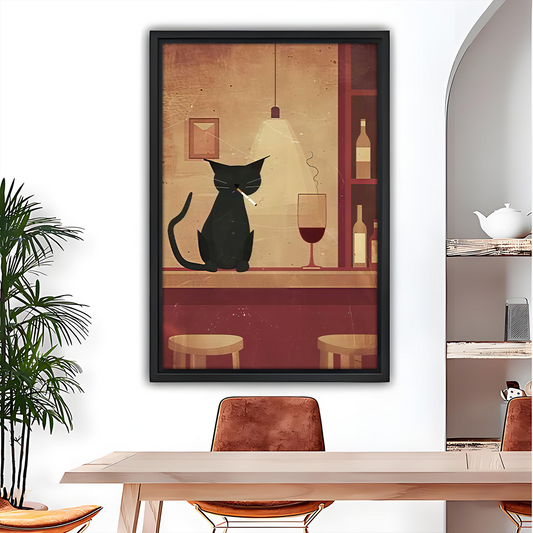Vintage black cat bar canvas wall art in a black frame above a dining table, featuring red wine.