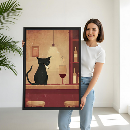 Black-framed vintage black cat bar canvas wall art displayed beside wooden bunk beds, featuring wine bottles and stools.