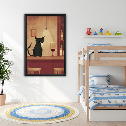 Gallery-wrapped vintage black cat bar canvas wall art above a dining table, showing a cat beside red wine.