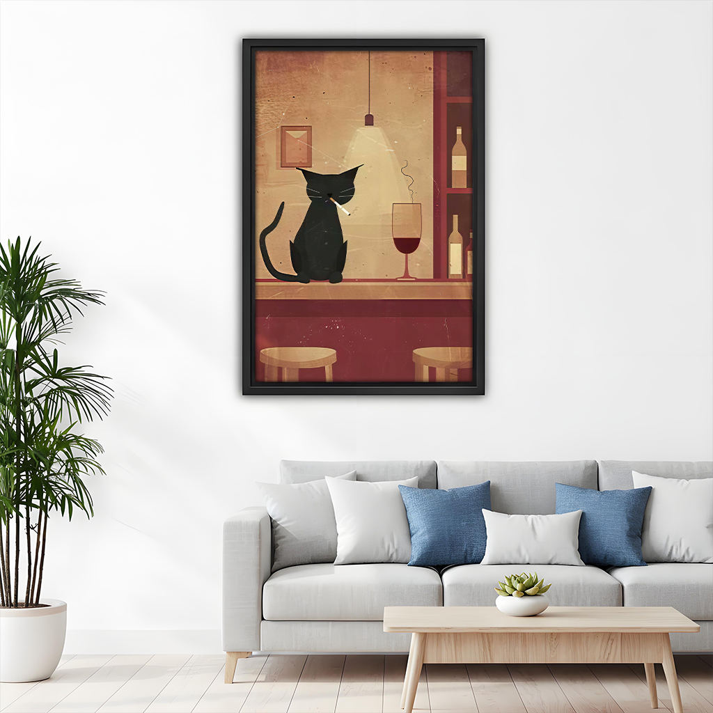 Vintage black cat bar canvas wall art in a black frame above a gray sofa with blue cushions.