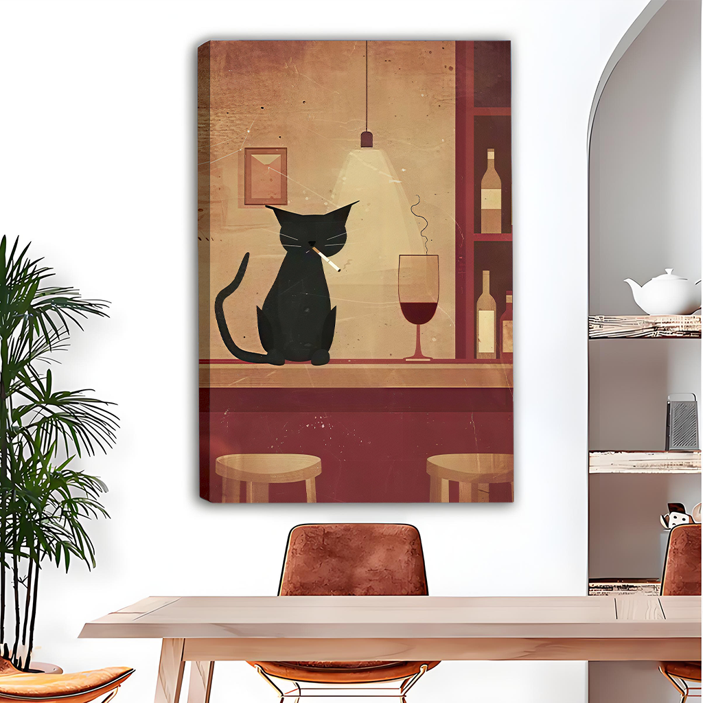 Woman holding black-framed vintage black cat bar canvas wall art with a wine glass and warm golden background.