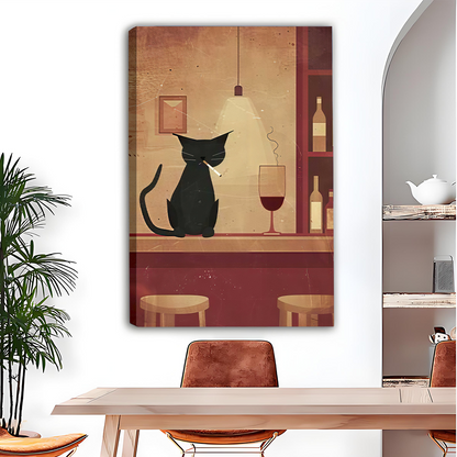 Woman holding black-framed vintage black cat bar canvas wall art with a wine glass and warm golden background.