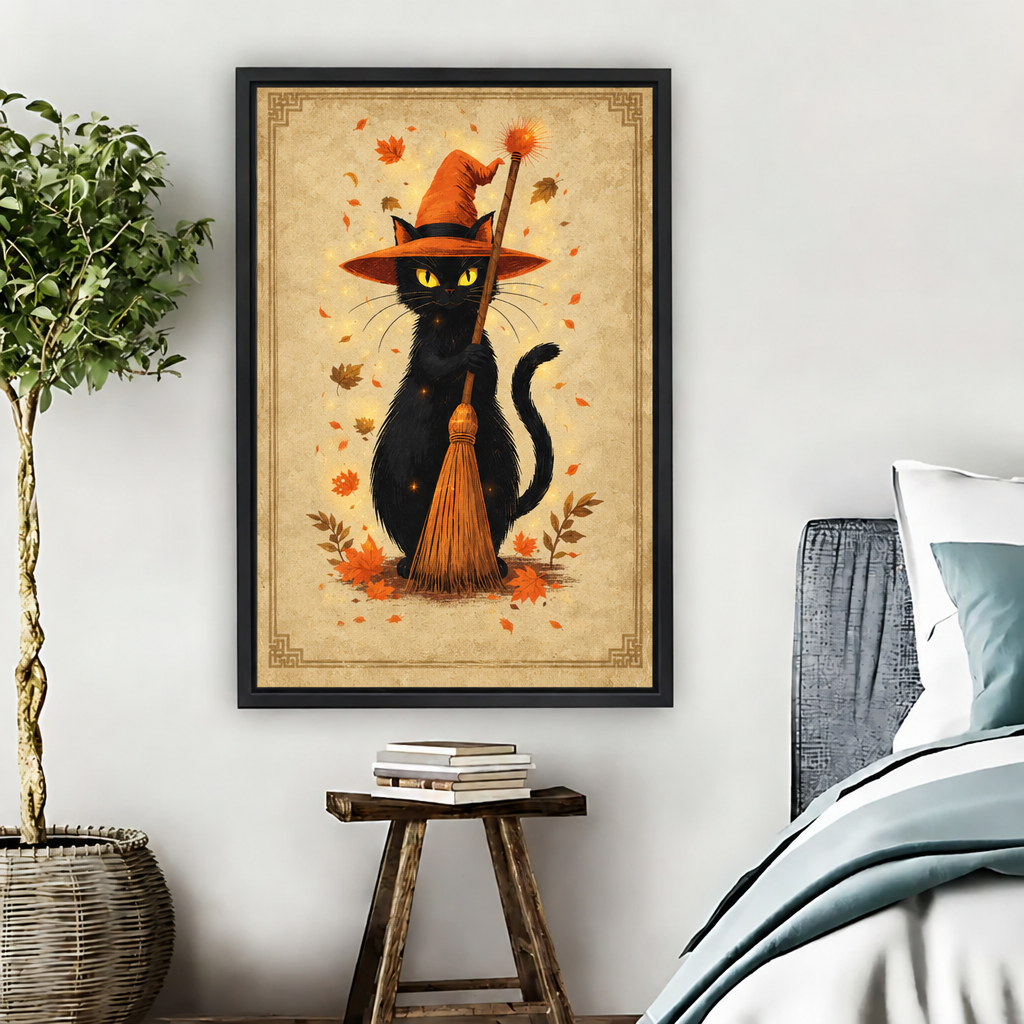 Vintage black cat canvas wall art in a black frame on a bedroom wall beside a blue-gray bed and wooden stool