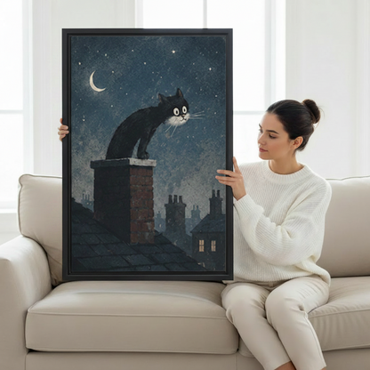 Woman holding large framed vintage black cat moonlit rooftop canvas wall art on white sofa
