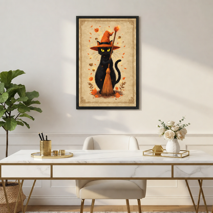 Framed vintage black cat broom wall art hanging above a white marble desk with gold legs in a bright home office