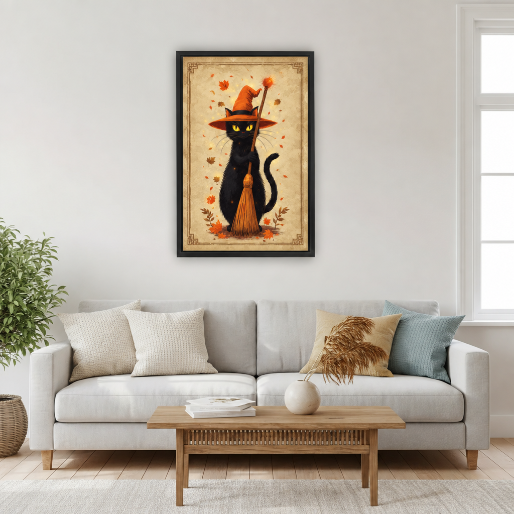 Vintage black cat canvas wall art with witch hat and broom in a black frame above a light gray sofa in a living room