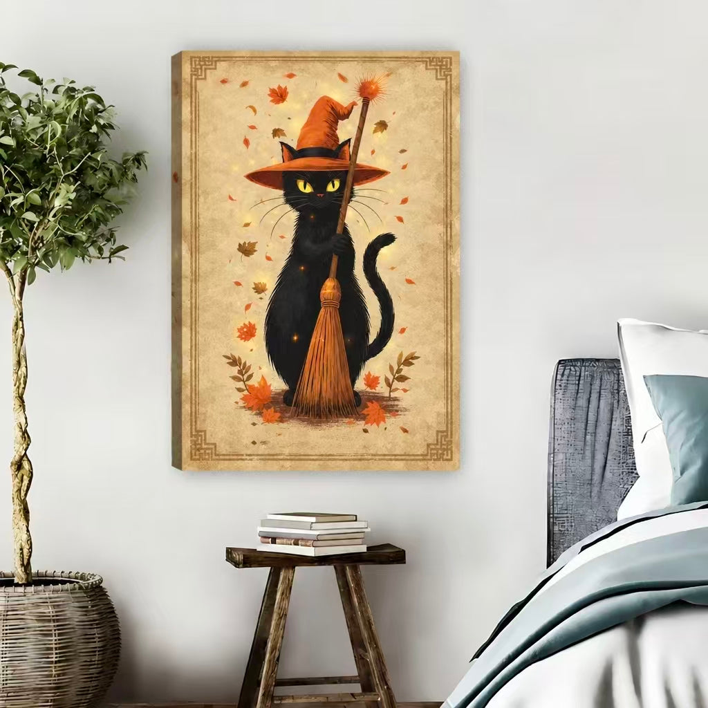 Frameless gallery-wrapped vintage black cat broom canvas with autumn leaves in a bedroom with potted tree