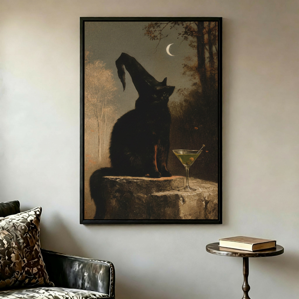 Vintage black cat witch hat martini framed wall art displayed on light grey wall above dark leather sofa in sophisticated moody living room