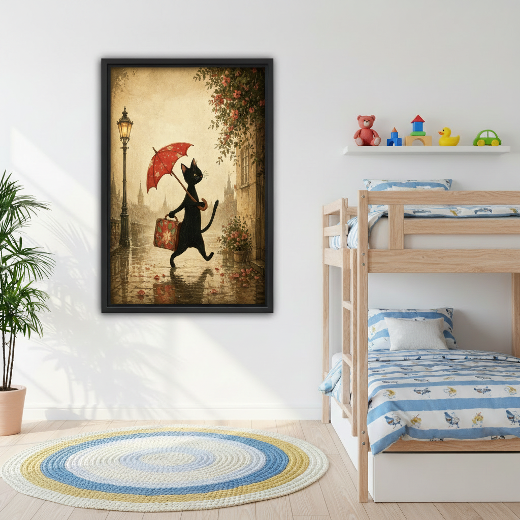 vintage black cat umbrella framed canvas wall art in black float frame above kids bunk bed