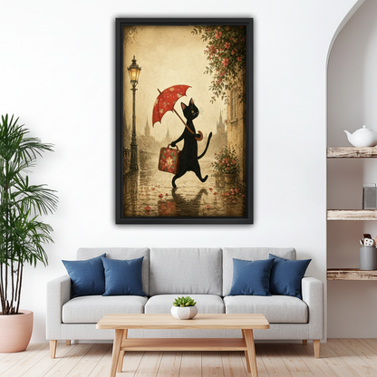 vintage black cat umbrella canvas wall art in black float frame above gray living room sofa