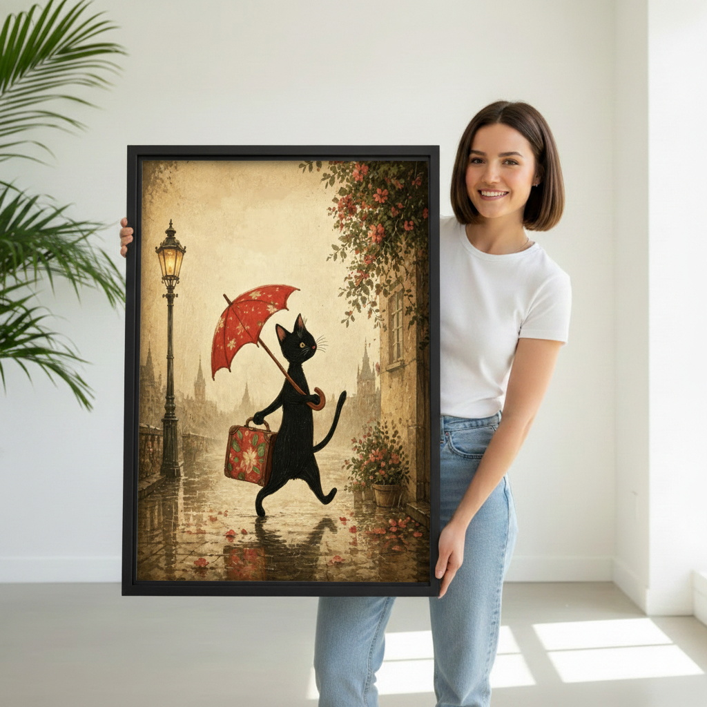 woman holding vintage black cat umbrella framed canvas wall art in black float frame