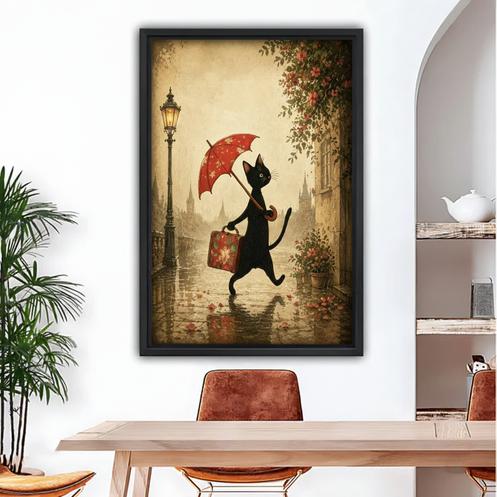 vintage black cat umbrella framed wall art in black float frame displayed above dining table