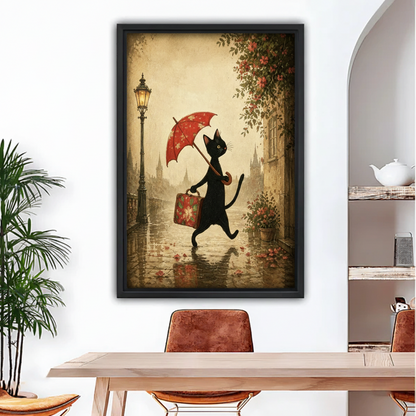 vintage black cat umbrella framed wall art in black float frame displayed above dining table