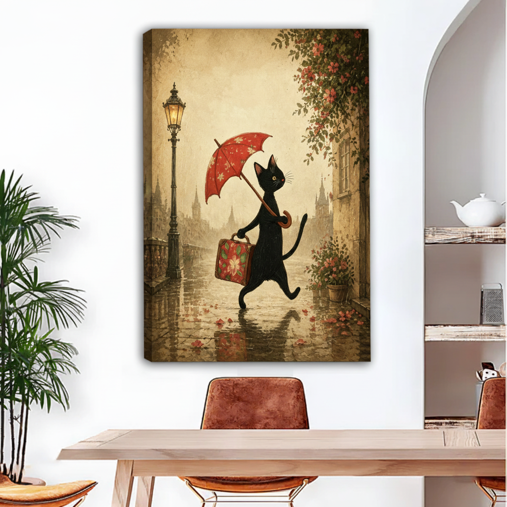 vintage black cat umbrella gallery wrap canvas wall art above wooden dining table in modern room