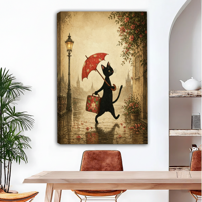vintage black cat umbrella gallery wrap canvas wall art above wooden dining table in modern room