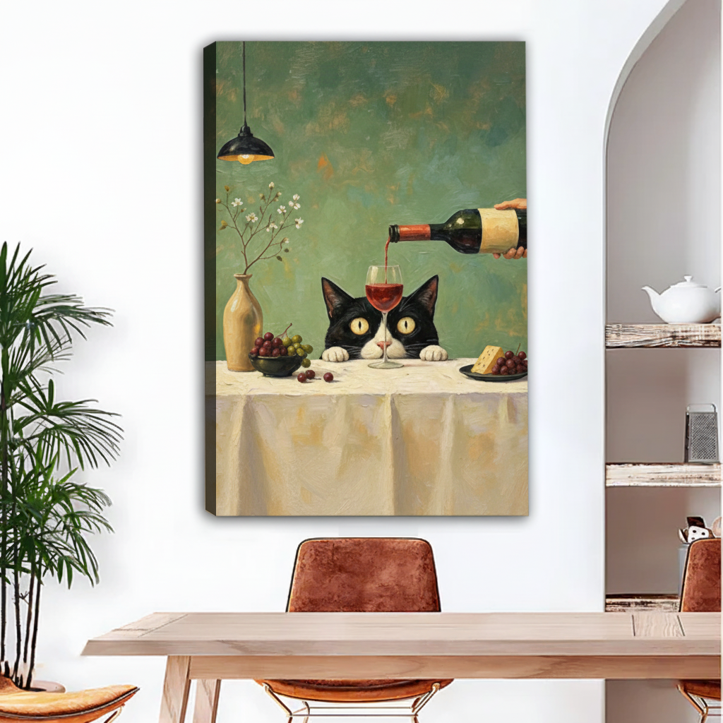Gallery-wrap vintage black cat wine wall art styled above a dining table