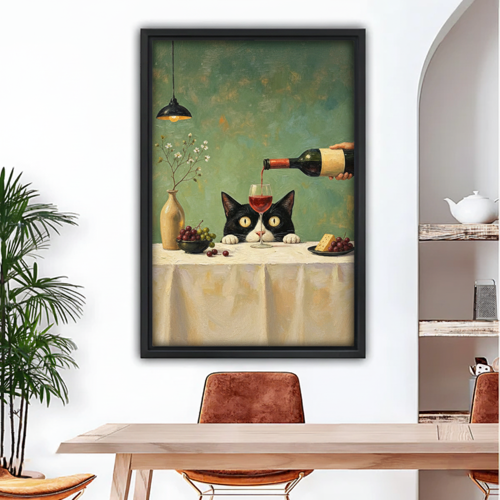 Vintage black cat wine wall art framed above a dining table with red wine being poured
