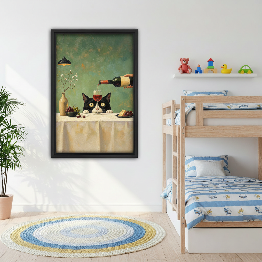 Vintage black cat wine wall art displayed beside a bunk bed in a bright kids room