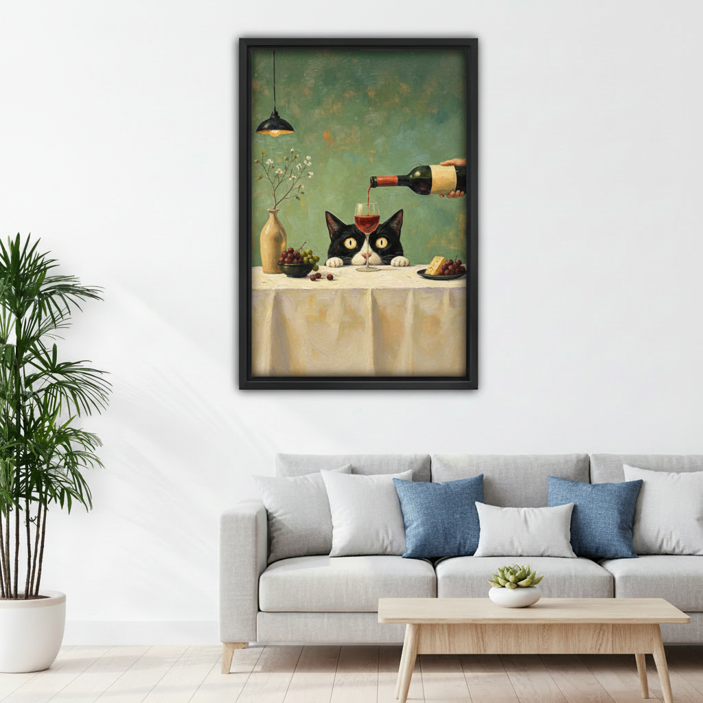 Framed vintage black cat wine wall art displayed above a modern living room sofa