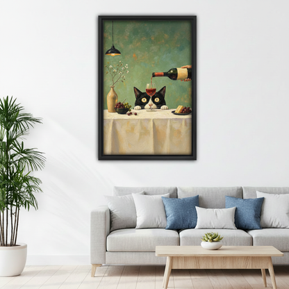 Framed vintage black cat wine wall art displayed above a modern living room sofa