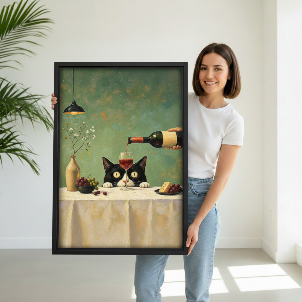 Woman holding vintage black cat wine wall art to show its framed size
