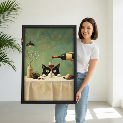 Woman holding vintage black cat wine wall art to show its framed size