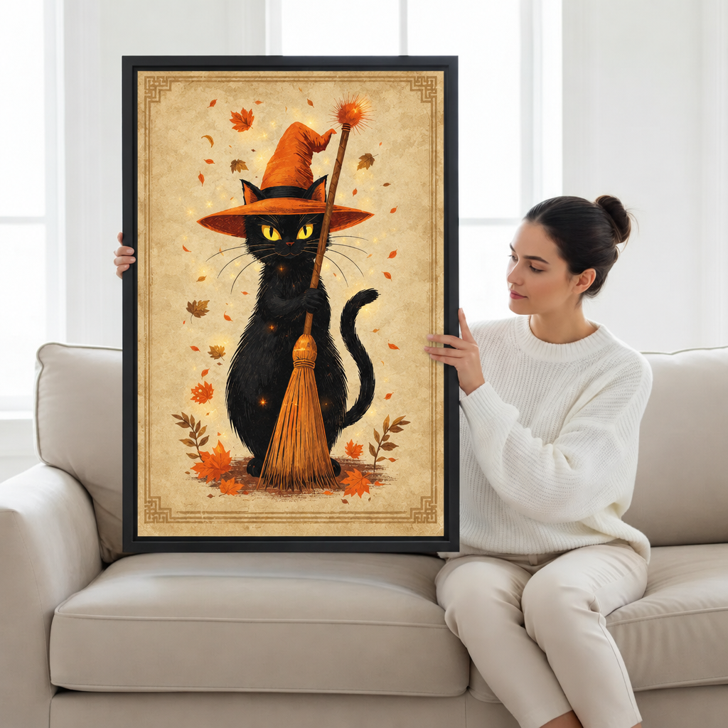 Vintage illustration of a black cat in an orange witch hat holding a broom with falling maple leaves