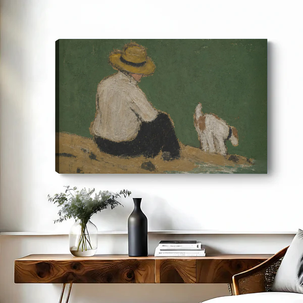 Canvas art print of a vintage-style oil painting featuring a boy and dog by the waterside, displayed above a rustic wooden console table
