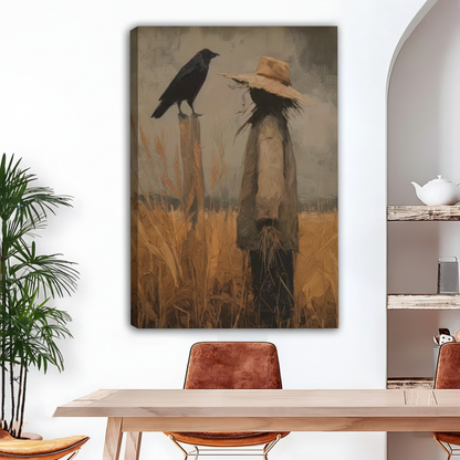 Frameless canvas wrap of vintage scarecrow with black crow perched on post in wheat field, dark rustic wall art for modern dining room