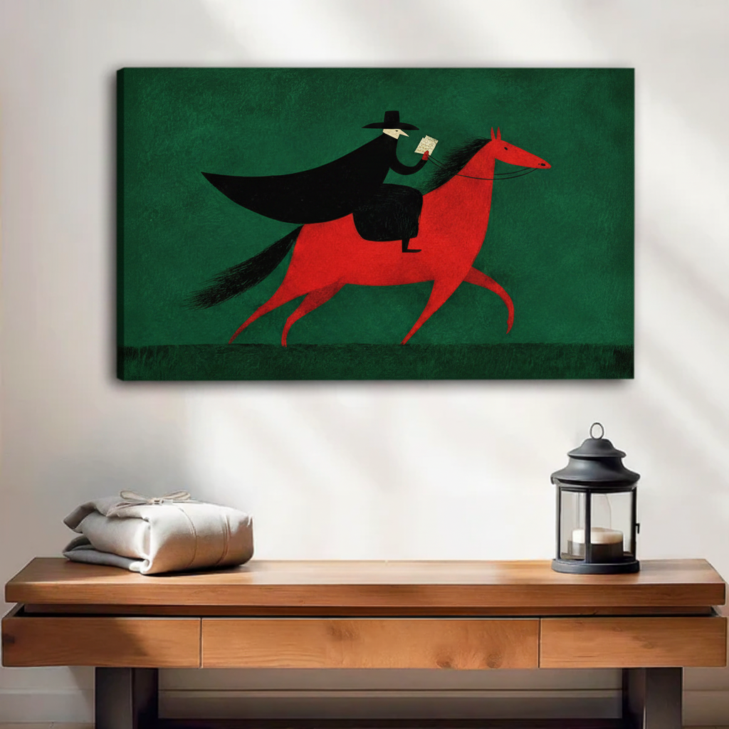 Minimalist vintage caped rider galloping on red horse canvas art print on deep green background