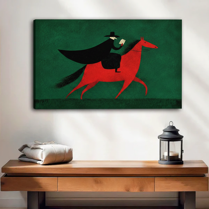 Minimalist vintage caped rider galloping on red horse canvas art print on deep green background