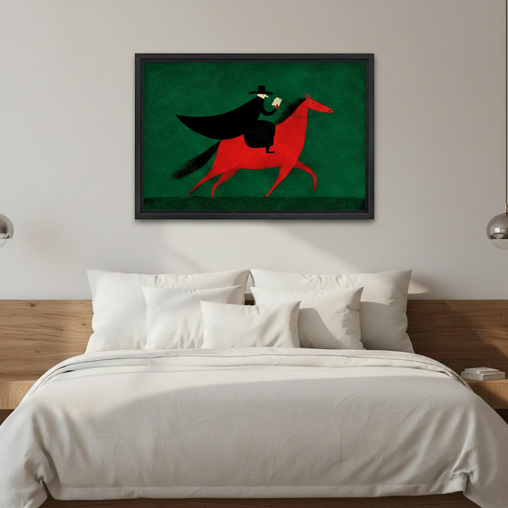 Dramatic vintage caped rider framed canvas art above bed as striking bedroom wall decor