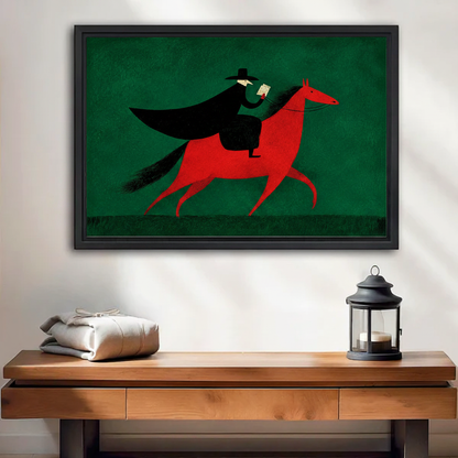 Vintage caped rider on red horse framed canvas wall art displayed above wooden console table in entryway
