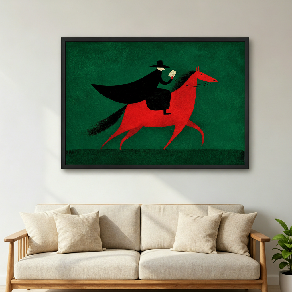 Vintage caped rider on red horse framed wall art hanging above sofa as bold living room decor