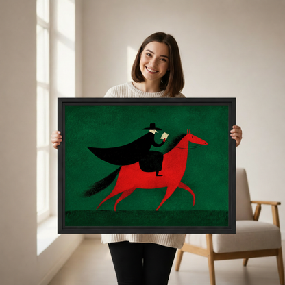Smiling woman holding vintage caped rider red horse framed canvas art showing size reference