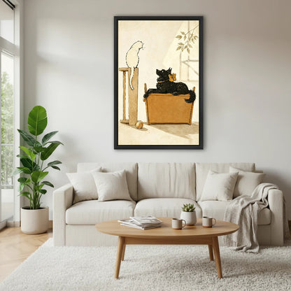 Charming vintage cat dog storybook framed canvas above cream sofa in bright Scandinavian living room with coffee table