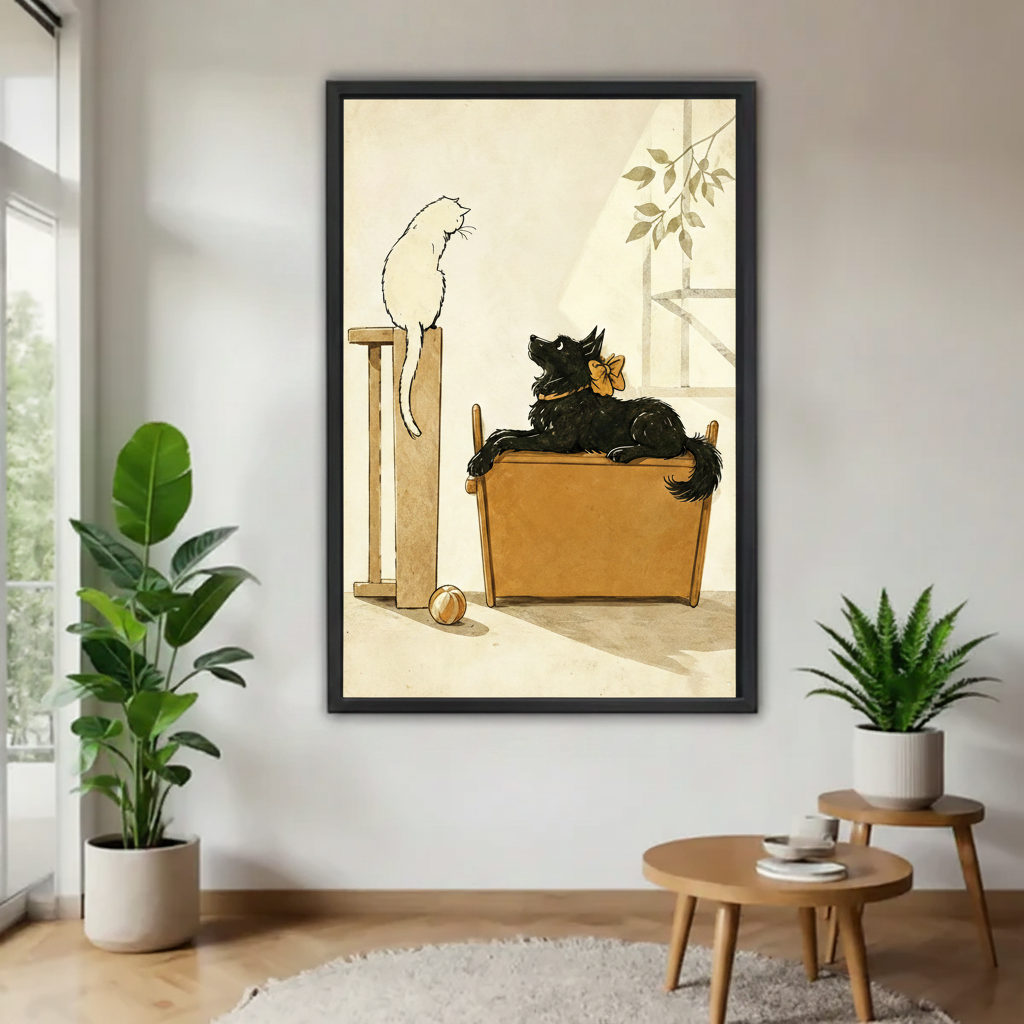 Vintage cat and dog storybook framed canvas wall art on white wall between two potted plants and round side table