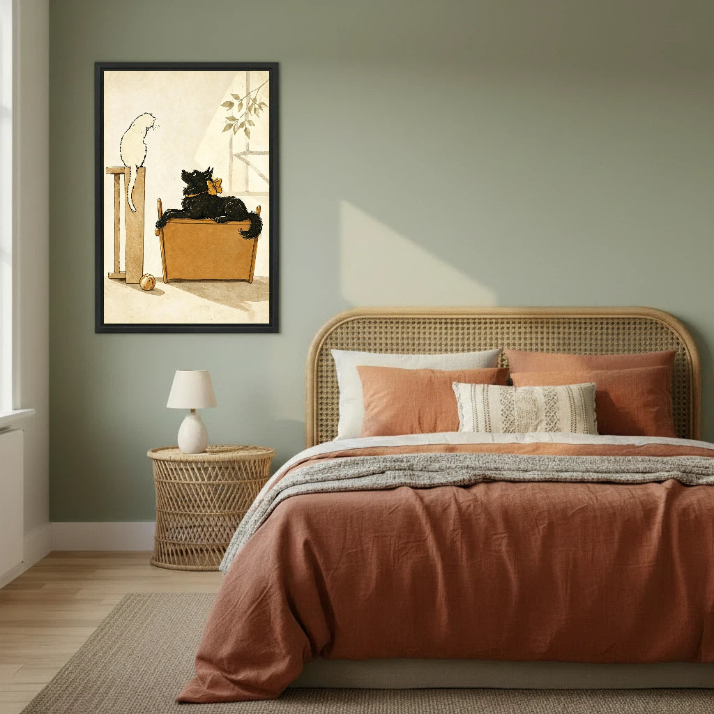 Vintage cat and dog storybook framed canvas wall art on sage green bedroom wall above rattan bed with terracotta bedding