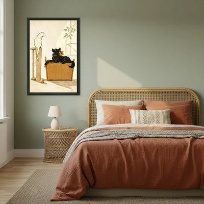 Vintage cat and dog storybook framed canvas wall art on sage green bedroom wall above rattan bed with terracotta bedding