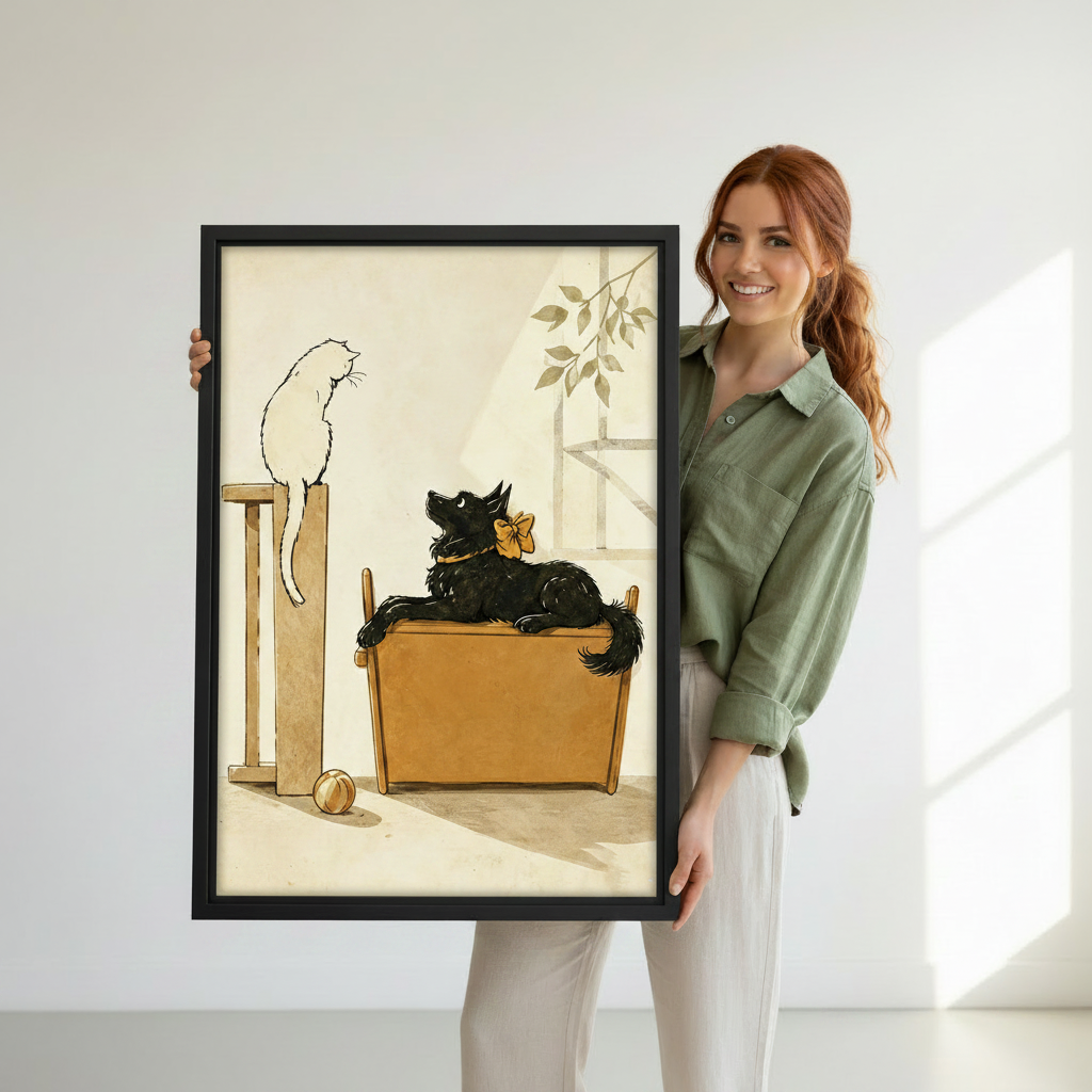 Woman holding framed vintage cat and dog storybook canvas wall art showing size reference in white studio