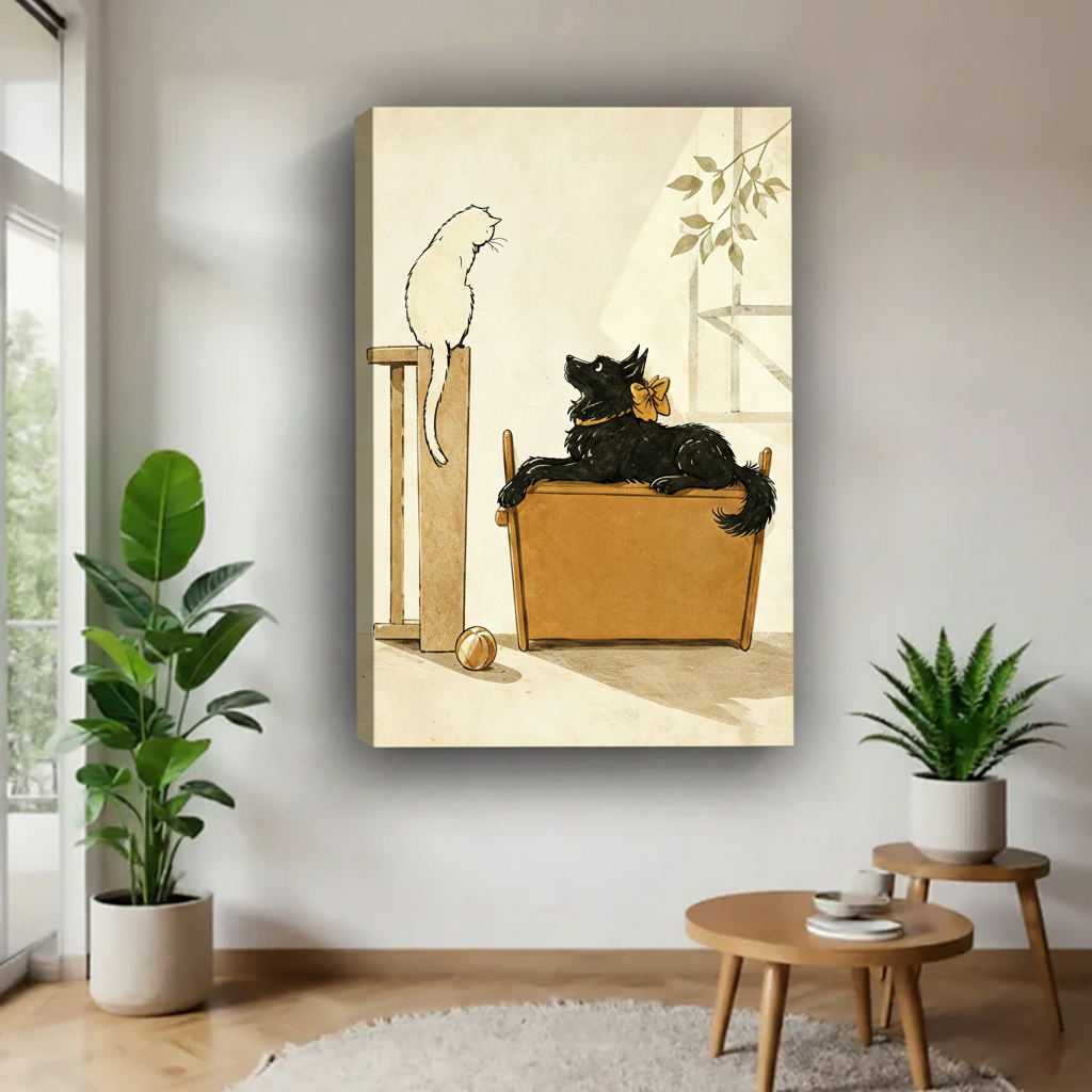 Gallery wrap vintage cat dog storybook canvas art displayed frameless on white wall flanked by tropical indoor plants